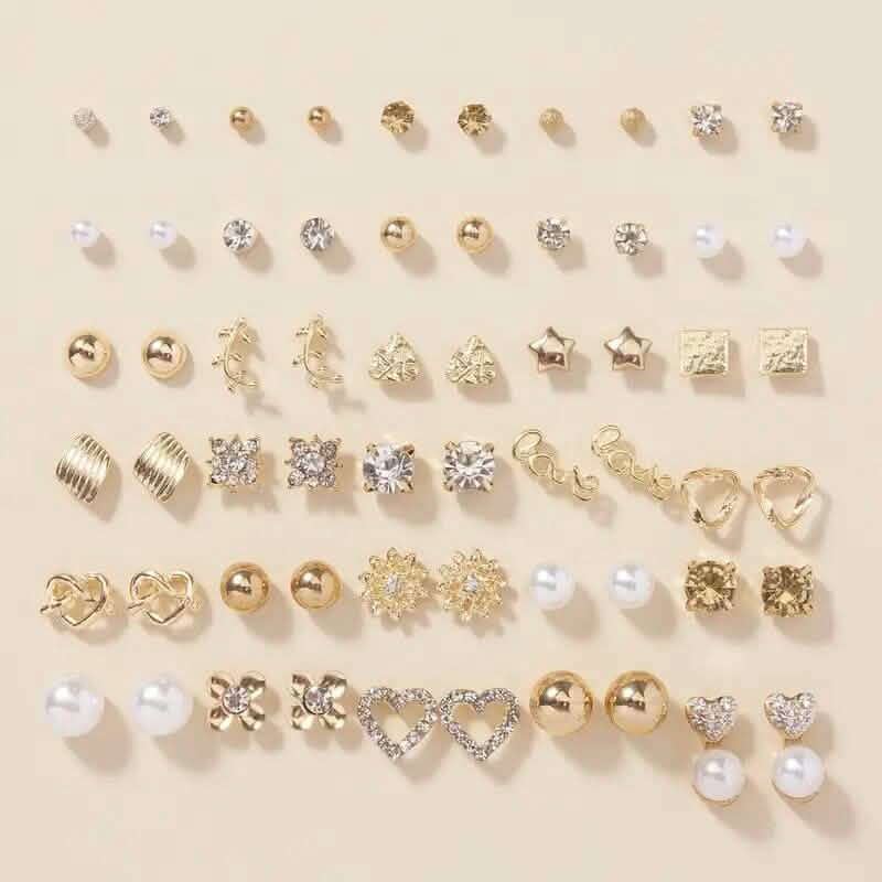 30-Pairs: Alloy Full Rhinestones Love Round Faux Pearl Letter Stud Earrings Set Earrings - DailySale