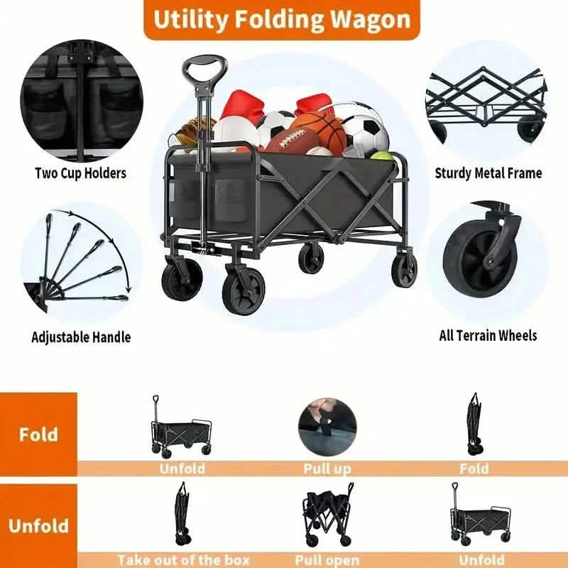 300Lbs Folding Wagon Cart, Heavy Duty Utility Portable Foldable Outdoor Beach Garden Cart with 360°All Terrain Wheels Sports & Outdoors - DailySale