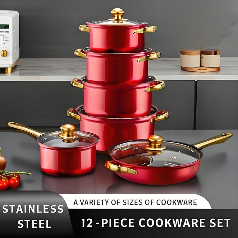 All 12 pieces: four nesting soup pots, frying pan and saucepan in red with gold-tone handles