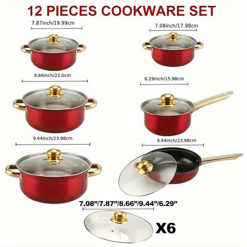 Dimension chart: soup pots 7.08, 7.87, 8.66 and 9.44 inch, saucepan 6.29 inch, frying pan 9.44 inch, plus six glass lids