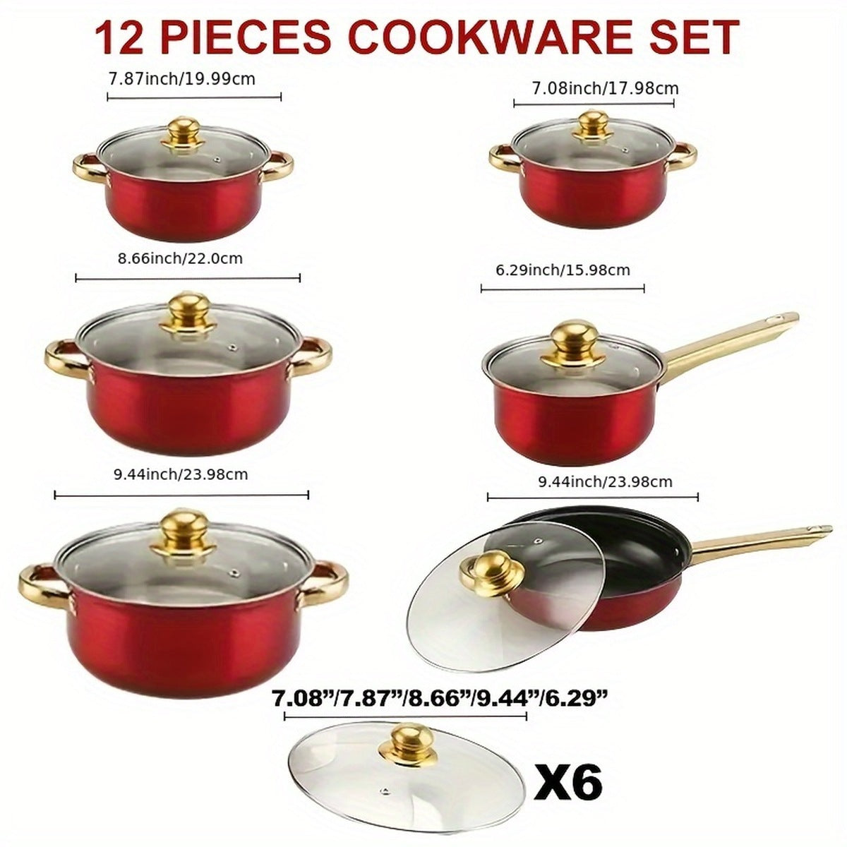 Dimension chart: soup pots 7.08, 7.87, 8.66 and 9.44 inch, saucepan 6.29 inch, frying pan 9.44 inch, plus six glass lids