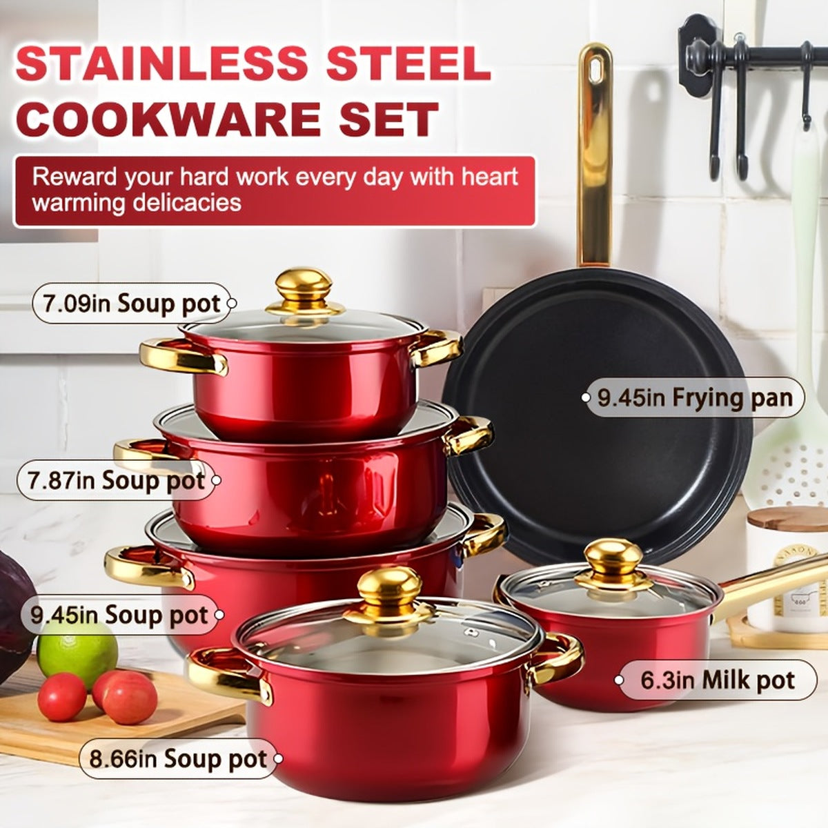 Red cookware set with each piece labelled by size, from 6.3 inch milk pot to 9.45 inch frying pan