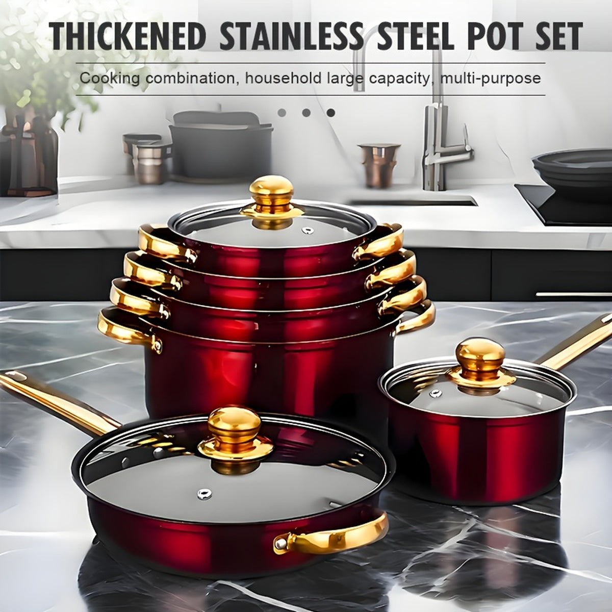 Red stainless steel pot set arranged on a kitchen counter