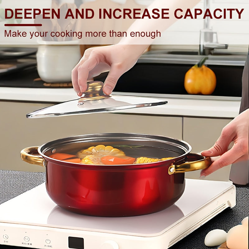 Red soup pot with glass lid being lifted on an induction cooktop