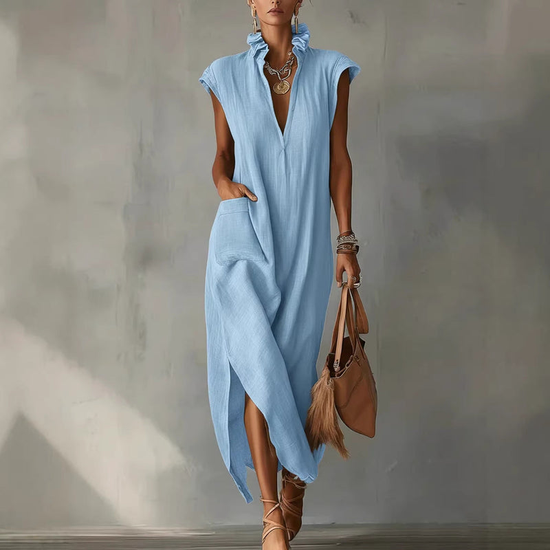 Women’s Cotton-Linen Sleeveless Solid-Color Shirt Dress