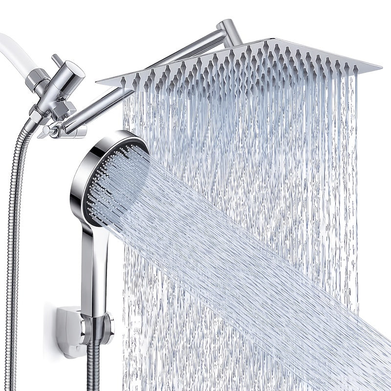 Chrome rain shower head and handheld sprayer running together