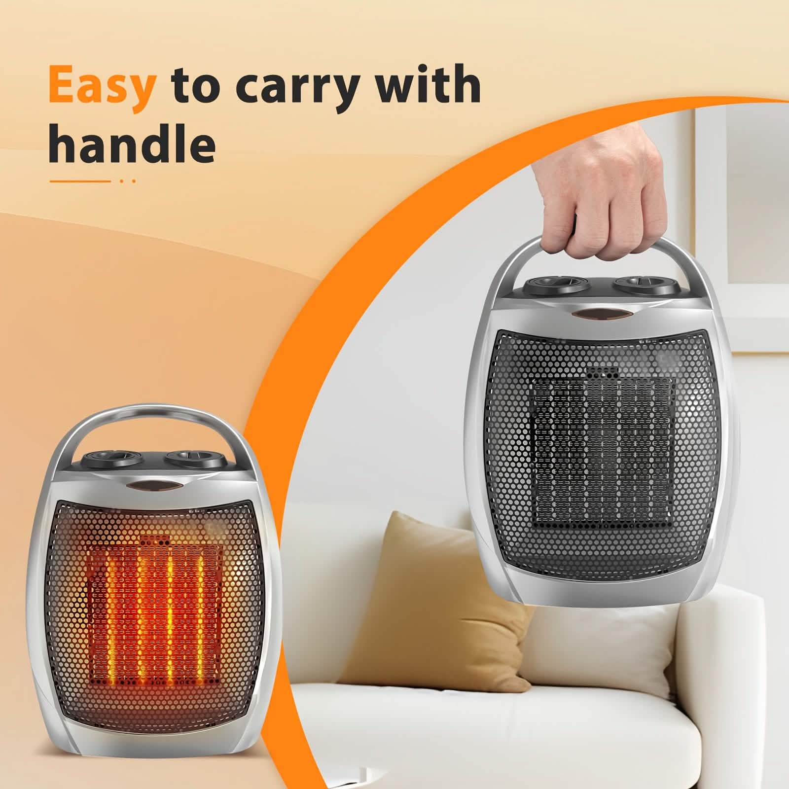 1500W Portable Ceramic Space Heater with Thermostat & Safety Protection with Carry Handle