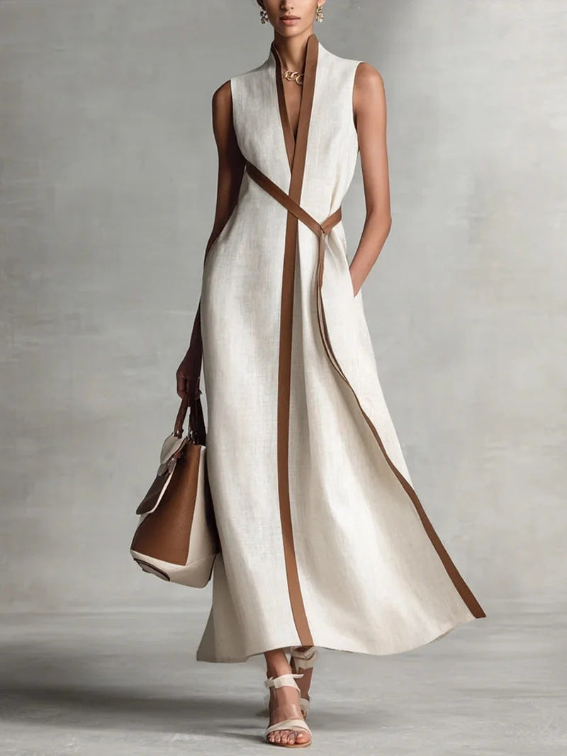Women's Color Block Sleeveless Stand Collar Linen Blend Dress