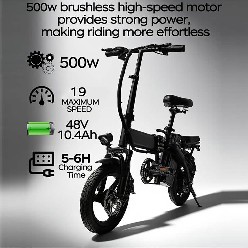 14" Folding Electric Bike 48V Lightweight E-Bike 330LB Load 19MPH 28-Mile Range