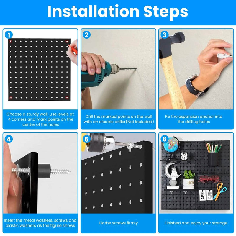 4-Pack: Metal Black Pegboard Wall Organizer with 1" Spacing 1/4" Hole Closet & Storage - DailySale