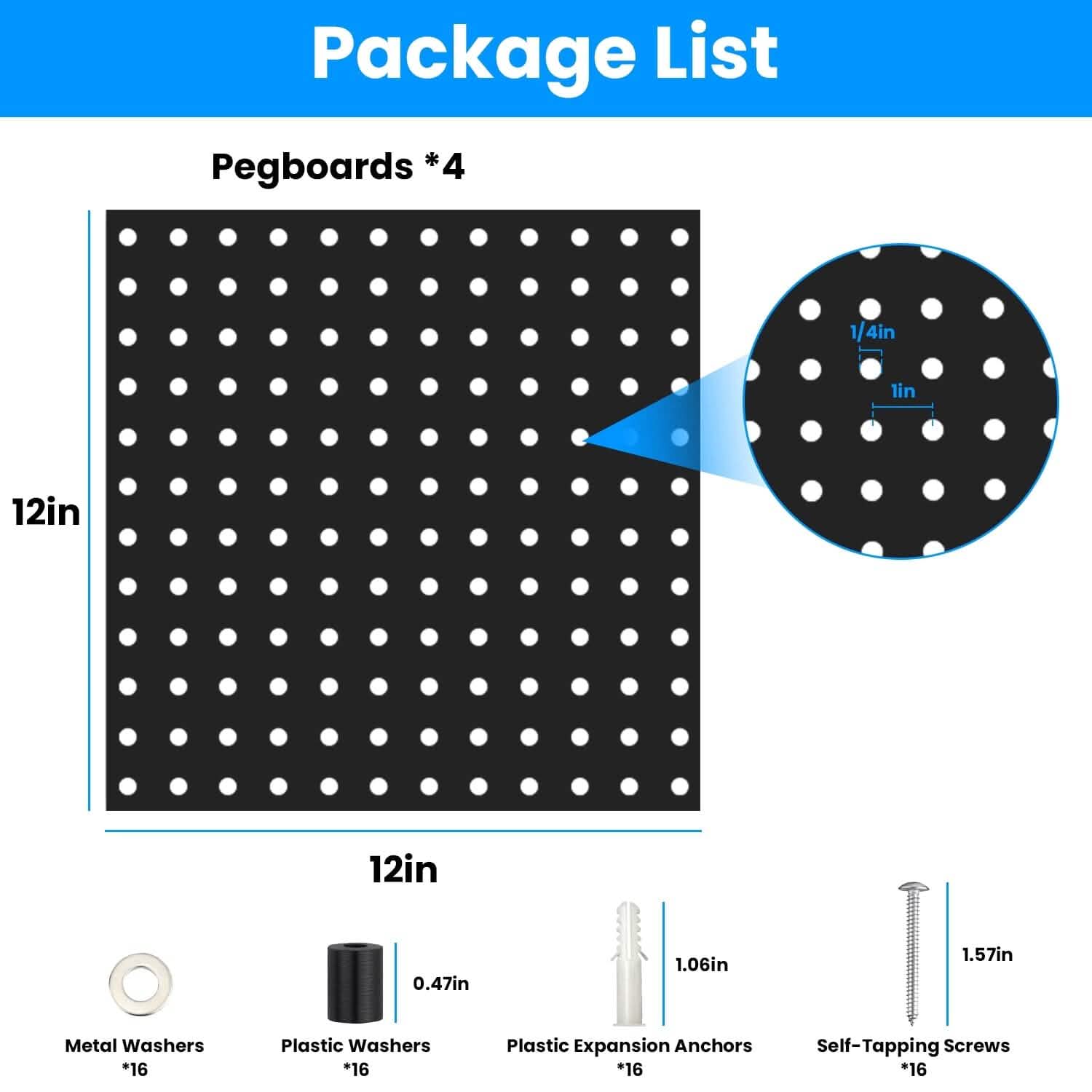 4-Pack: Metal Black Pegboard Wall Organizer with 1" Spacing 1/4" Hole Closet & Storage - DailySale
