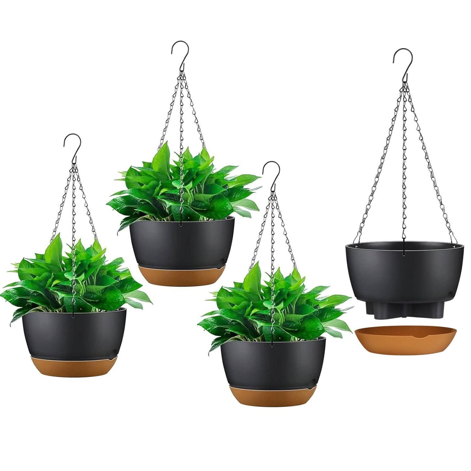 Imountek 4Pcs 9.64In Diameter Hanging Planter with Drainage Holes Removable Self-Watering Tray Plastic Hanging Flower Plant Pots For Indoor Outdoor