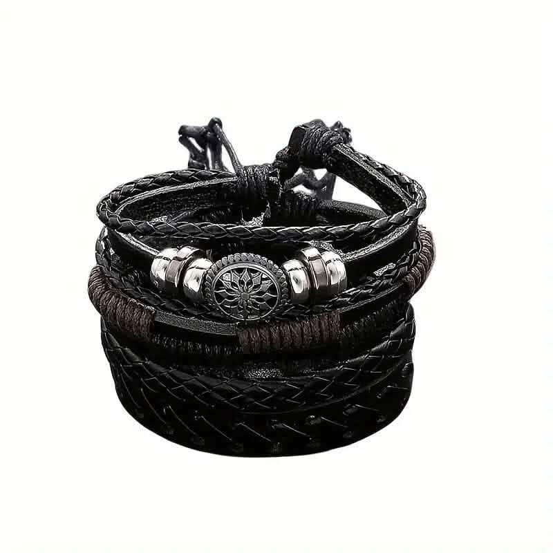 4-Piece Set: Exquisite Vintage-Style PU Leather Woven Handmade Charm Bracelets for Men Bracelets - DailySale