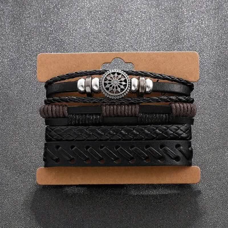 4-Piece Set: Exquisite Vintage-Style PU Leather Woven Handmade Charm Bracelets for Men Bracelets - DailySale