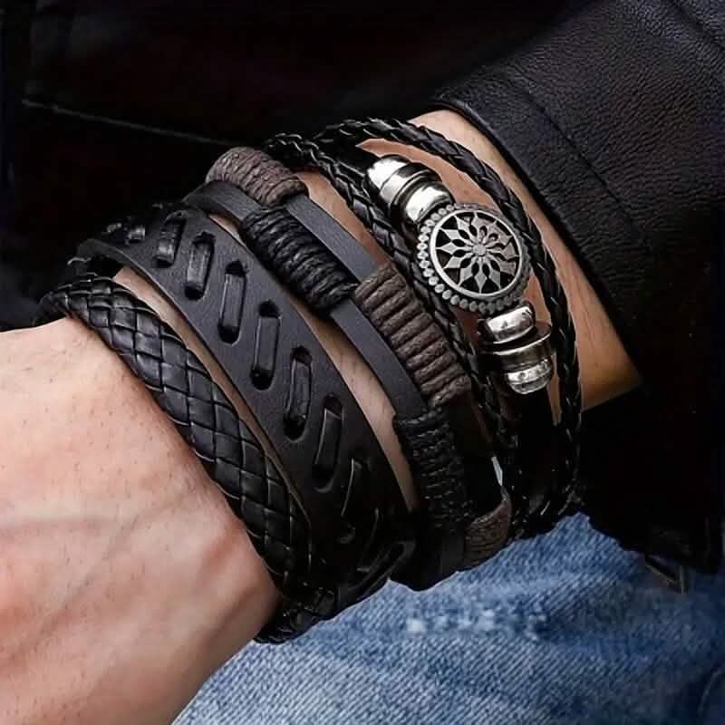4-Piece Set: Exquisite Vintage-Style PU Leather Woven Handmade Charm Bracelets for Men Bracelets - DailySale