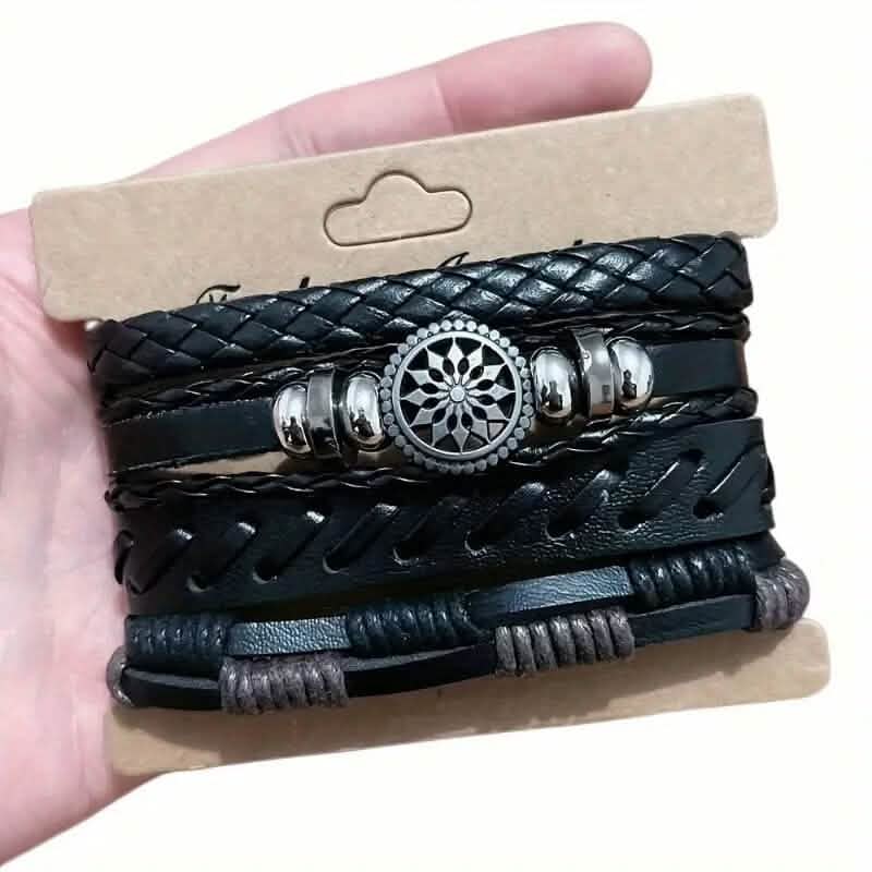 4-Piece Set: Exquisite Vintage-Style PU Leather Woven Handmade Charm Bracelets for Men Bracelets - DailySale