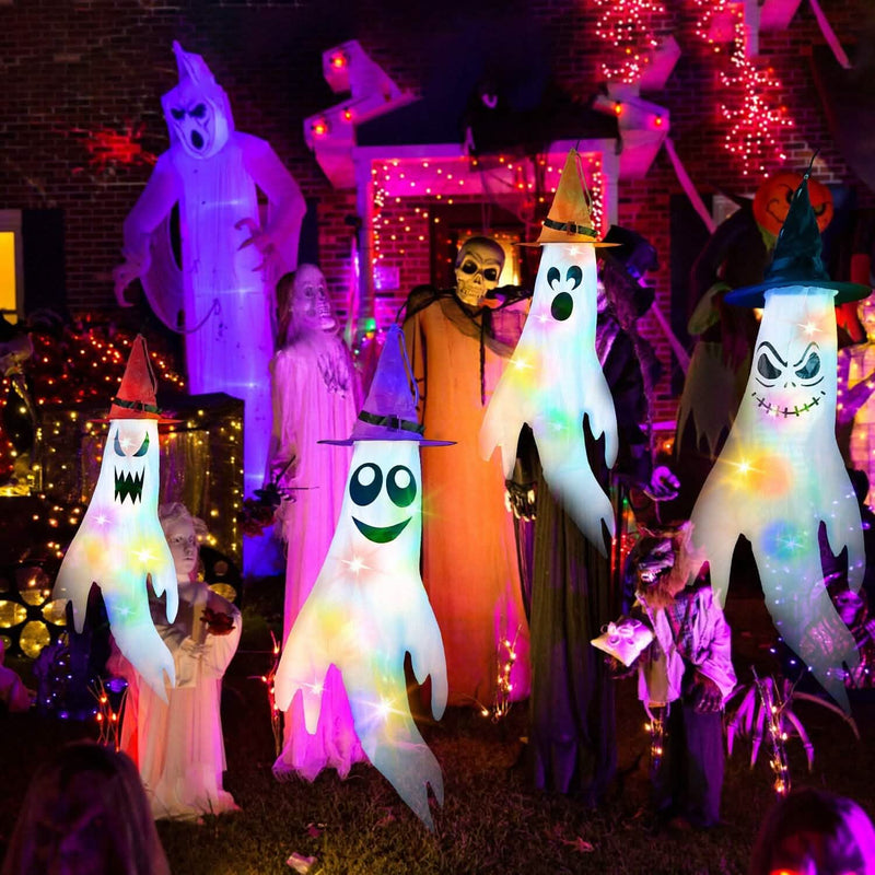 4-Pieces: Halloween Ghosts with Witch Hats Windsocks Hanging Decoration with Colorful LED Light Holiday Decor & Apparel - DailySale