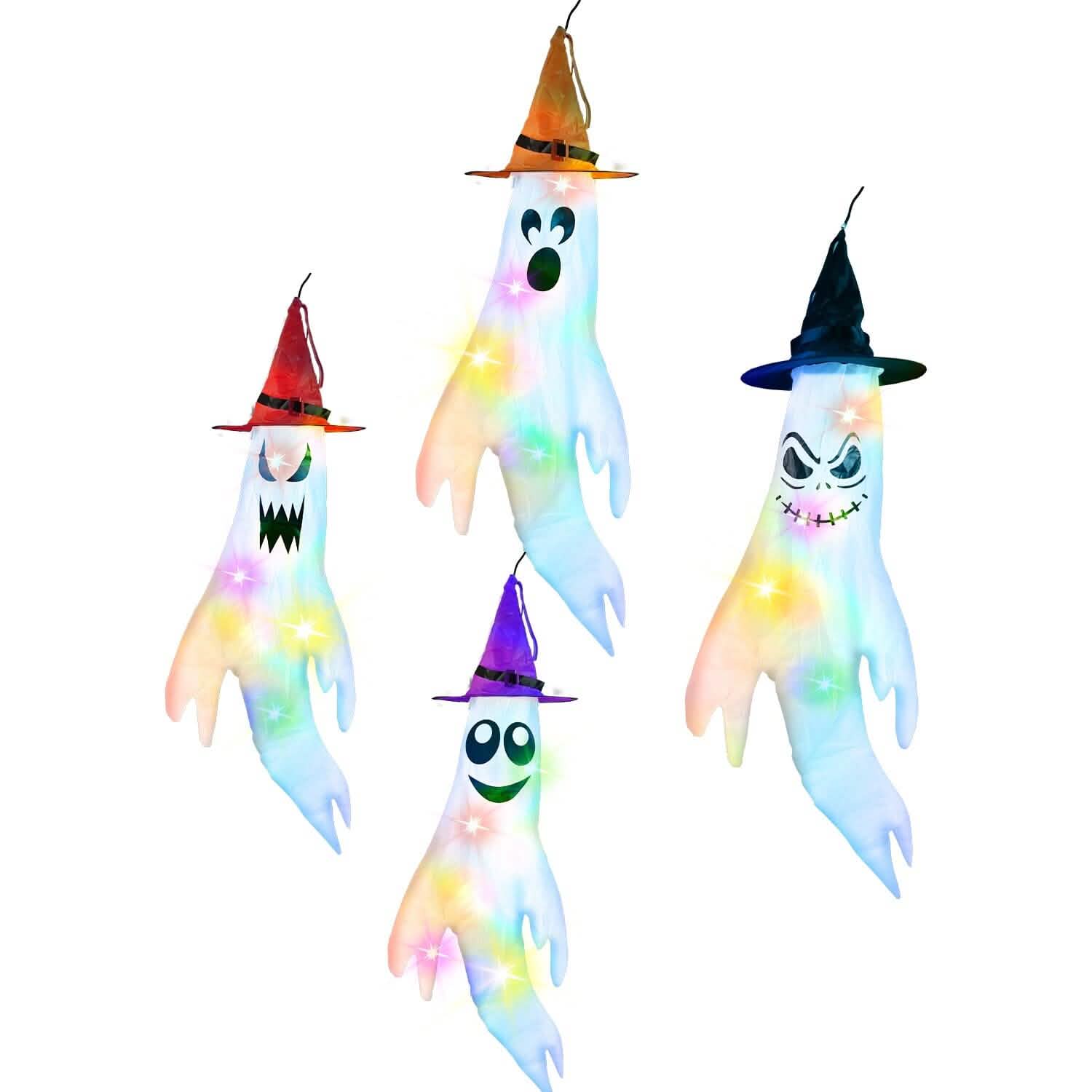 4-Pieces: Halloween Ghosts with Witch Hats Windsocks Hanging Decoration with Colorful LED Light Holiday Decor & Apparel - DailySale