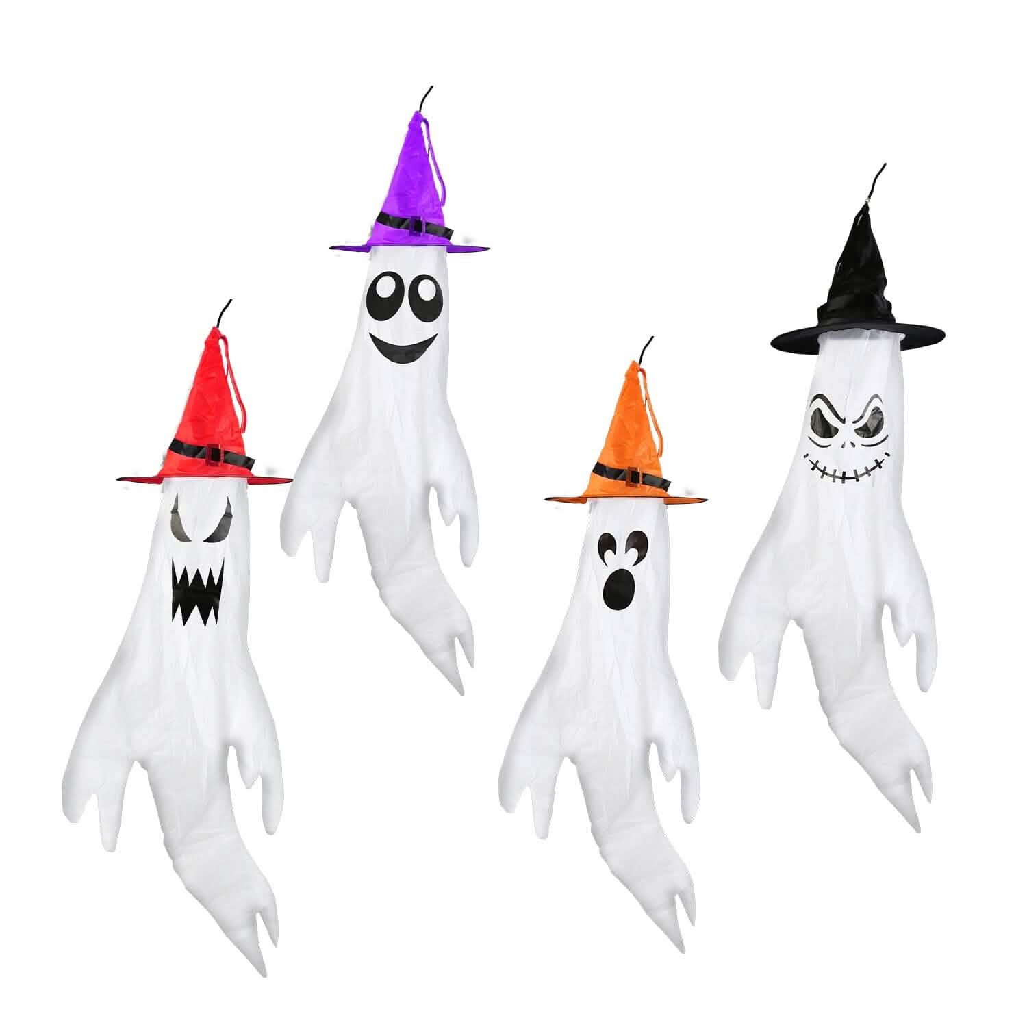 4-Pieces: Halloween Ghosts with Witch Hats Windsocks Hanging Decoration with Colorful LED Light Holiday Decor & Apparel - DailySale