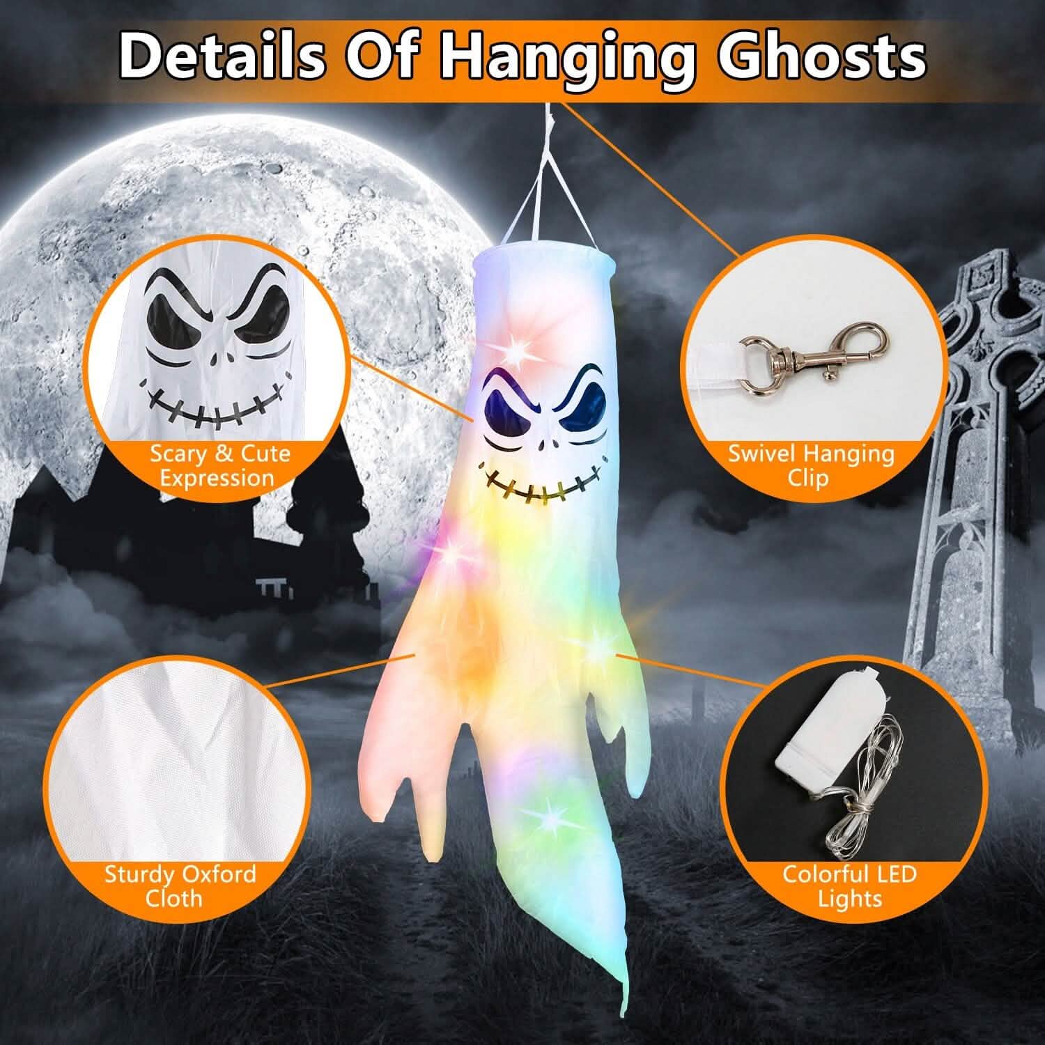 4-Pieces: Halloween Ghosts with Witch Hats Windsocks Hanging Decoration with Colorful LED Light Holiday Decor & Apparel - DailySale