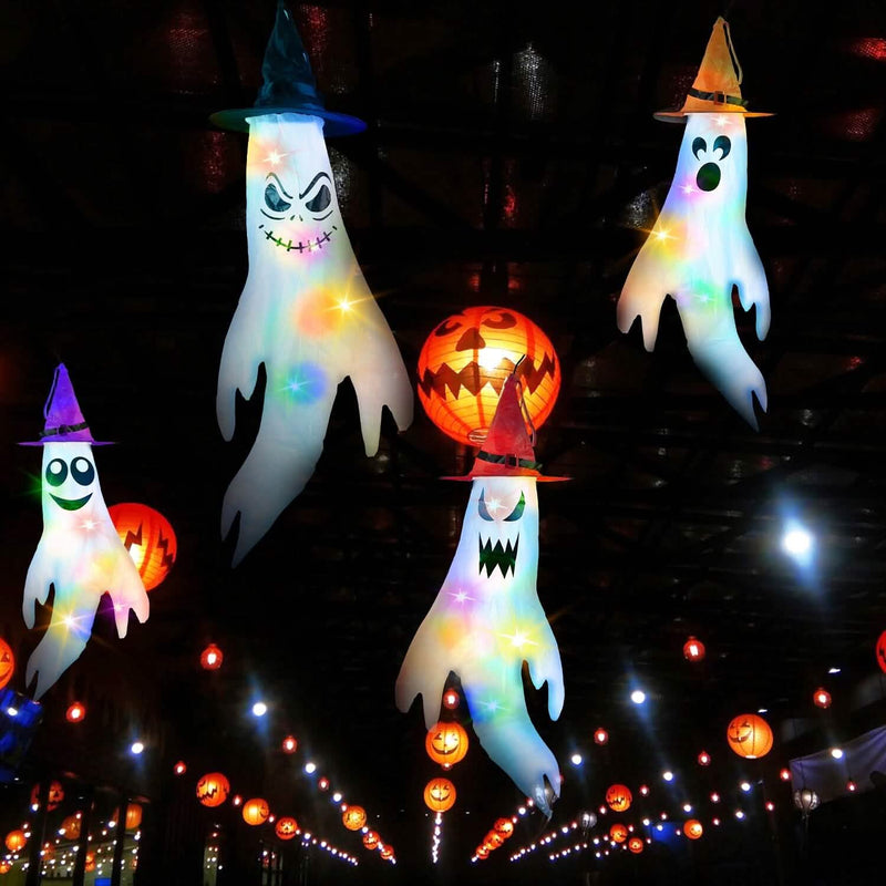 4-Pieces: Halloween Ghosts with Witch Hats Windsocks Hanging Decoration with Colorful LED Light Holiday Decor & Apparel - DailySale