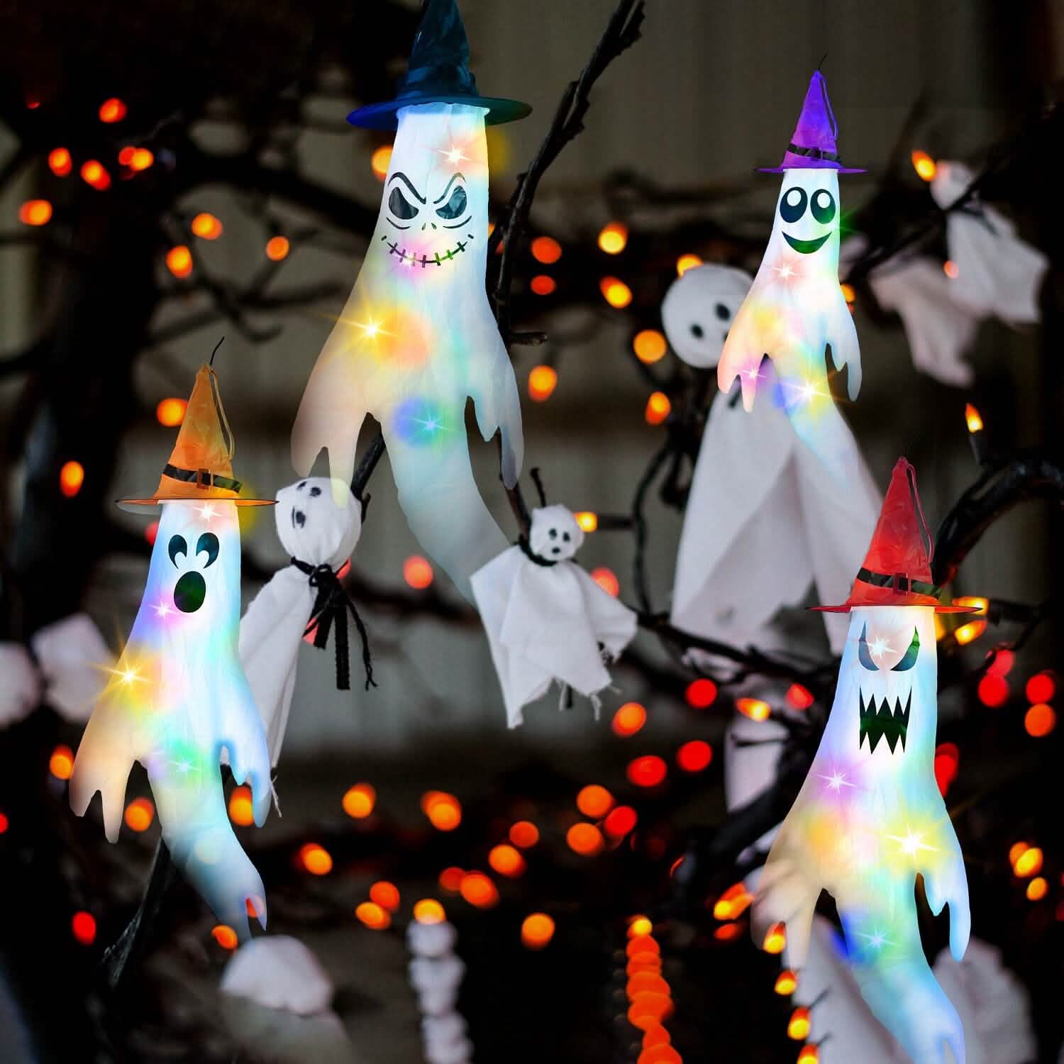 4-Pieces: Halloween Ghosts with Witch Hats Windsocks Hanging Decoration with Colorful LED Light Holiday Decor & Apparel - DailySale