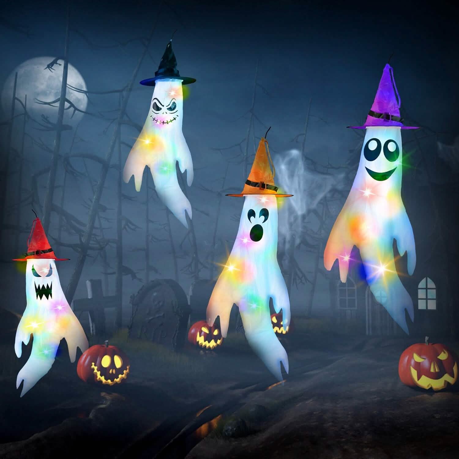 4-Pieces: Halloween Ghosts with Witch Hats Windsocks Hanging Decoration with Colorful LED Light Holiday Decor & Apparel - DailySale