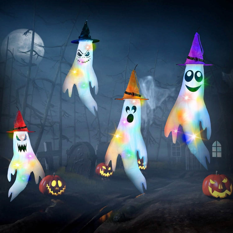4-Pieces: Halloween Ghosts with Witch Hats Windsocks Hanging Decoration with Colorful LED Light Holiday Decor & Apparel - DailySale