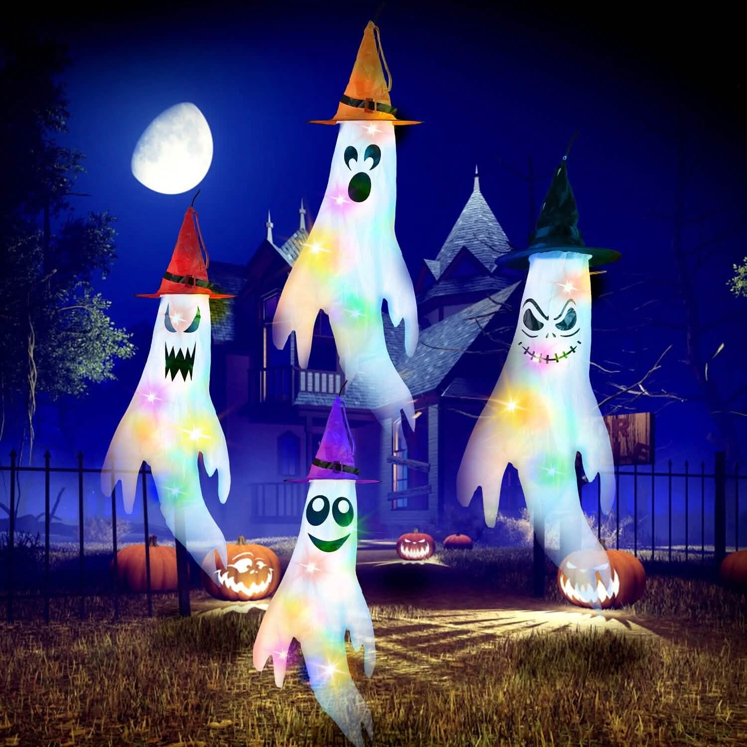 4-Pieces: Halloween Ghosts with Witch Hats Windsocks Hanging Decoration with Colorful LED Light Holiday Decor & Apparel - DailySale