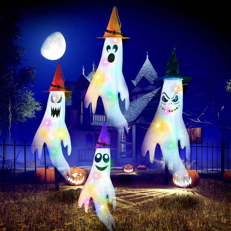 4-Pieces: Halloween Ghosts with Witch Hats Windsocks Hanging Decoration with Colorful LED Light Holiday Decor & Apparel - DailySale
