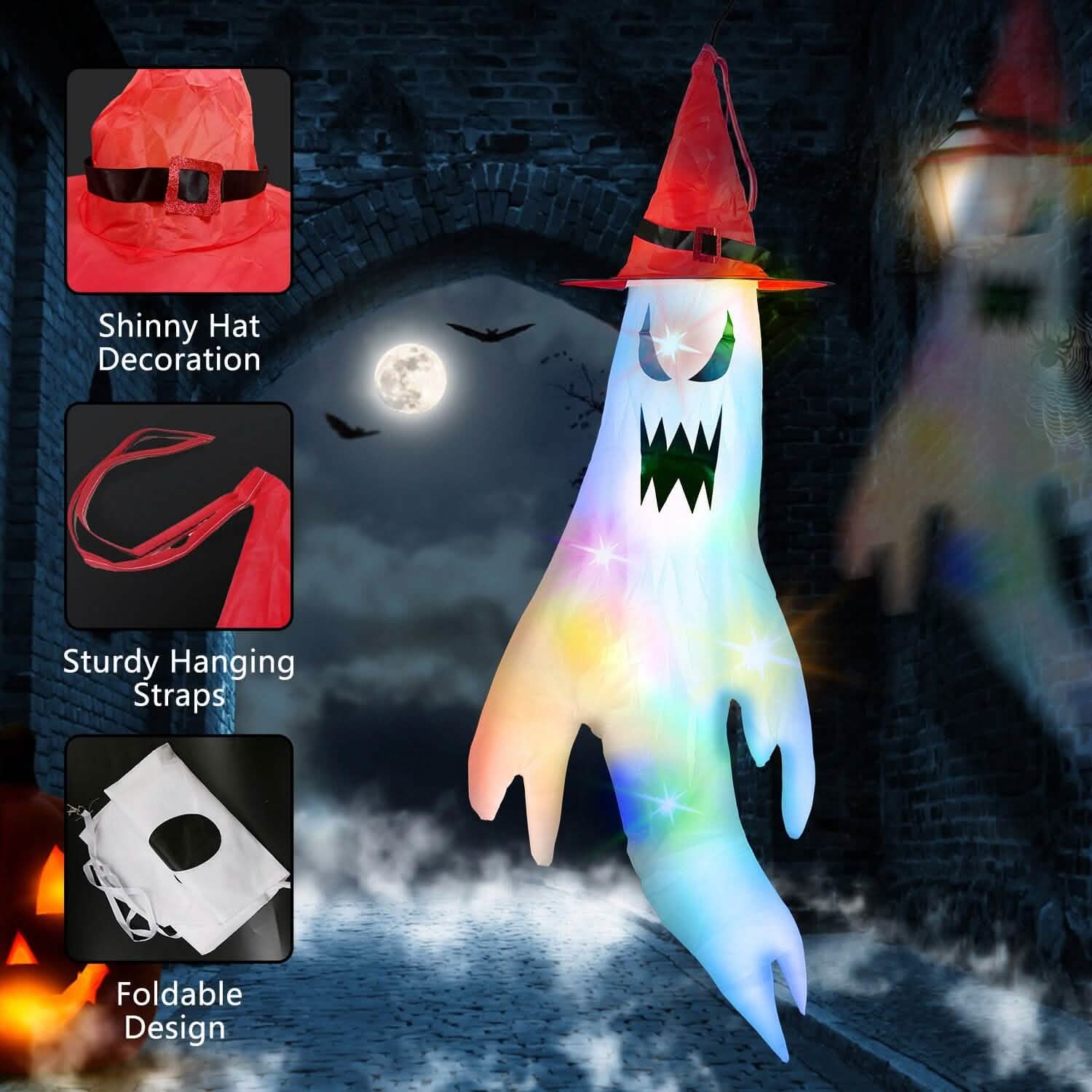 4-Pieces: Halloween Ghosts with Witch Hats Windsocks Hanging Decoration with Colorful LED Light Holiday Decor & Apparel - DailySale