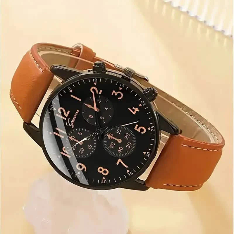 4-Pieces: Men's Fashion Brown Faux Leather Quartz Watch & Bracelet Set Men's Shoes & Accessories - DailySale