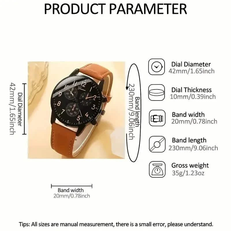 4-Pieces: Men's Fashion Brown Faux Leather Quartz Watch & Bracelet Set Men's Shoes & Accessories - DailySale