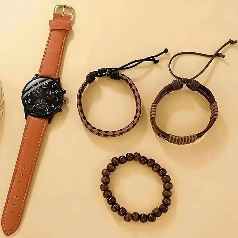 4-Pieces: Men's Fashion Brown Faux Leather Quartz Watch & Bracelet Set Men's Shoes & Accessories - DailySale