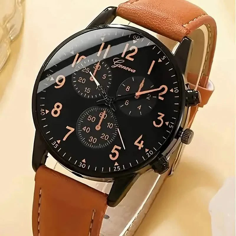 4-Pieces: Men's Fashion Brown Faux Leather Quartz Watch & Bracelet Set Men's Shoes & Accessories - DailySale