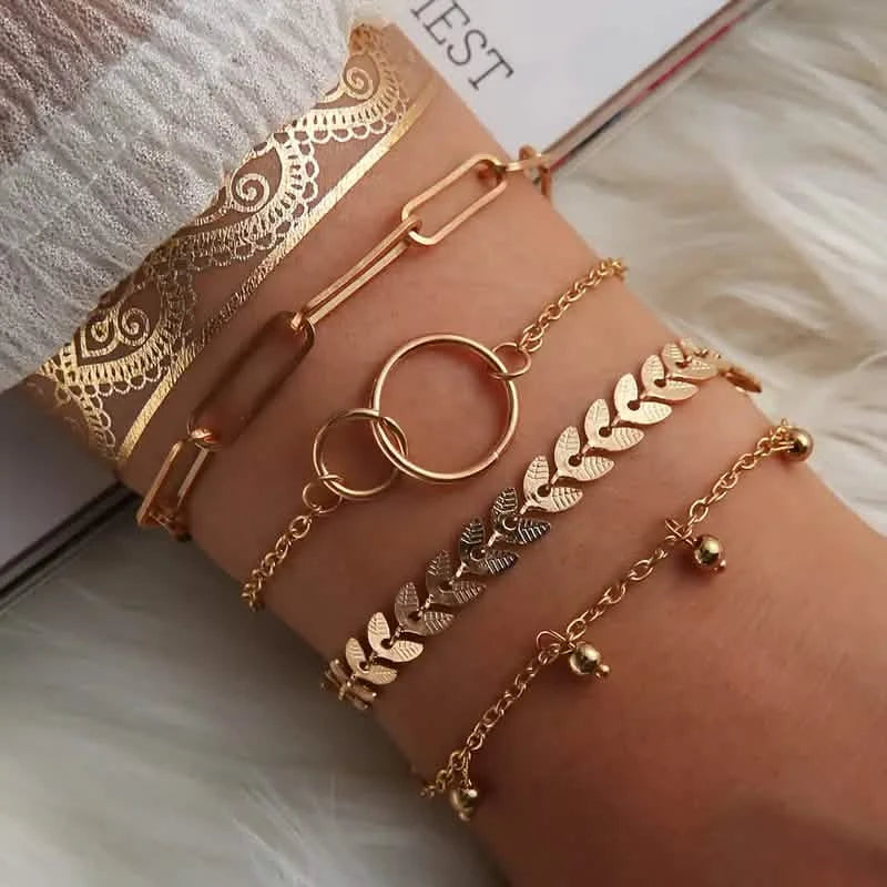 4-Pieces: Vintage Leaf Pendant Hand Chain Bracelet Set For Women Bracelets - DailySale