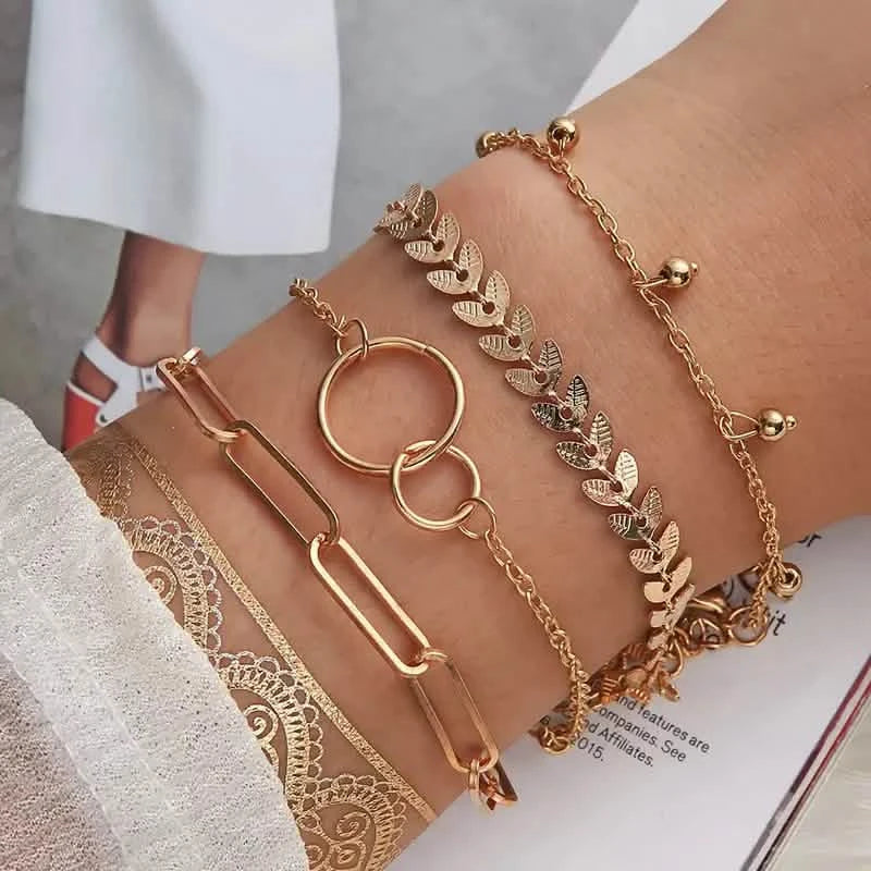 4-Pieces: Vintage Leaf Pendant Hand Chain Bracelet Set For Women Bracelets - DailySale