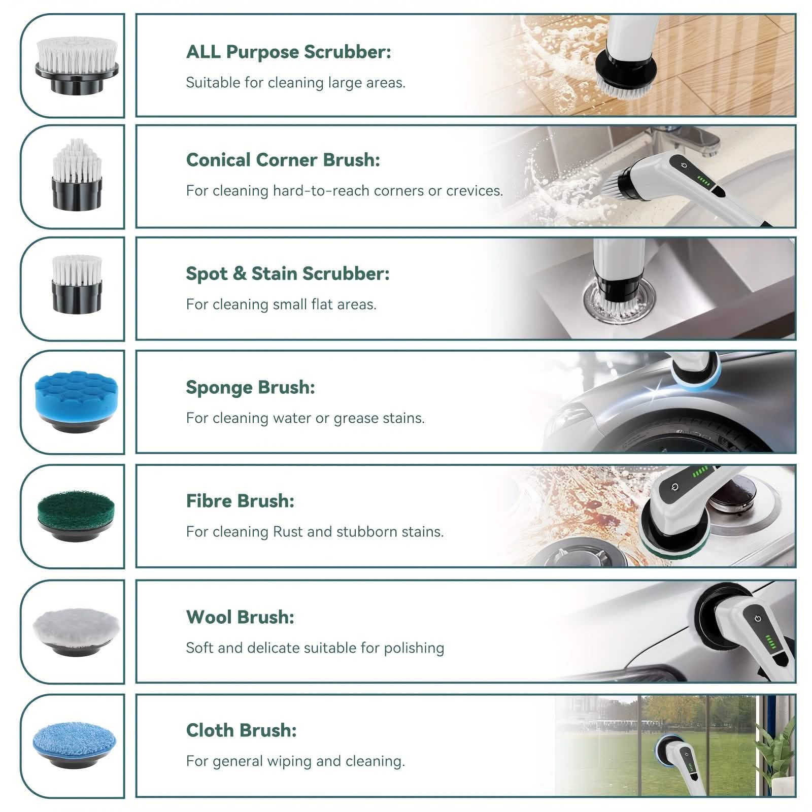 Electric Rotary Scrubber with Replaceable 8 Brush Heads and Adjustable Extension Handle