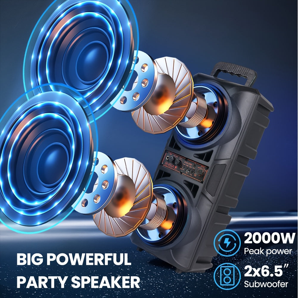 Portable Bluetooth Speaker with Subwoofer Bass, Dual 6.5" LED Woofers and Microphone