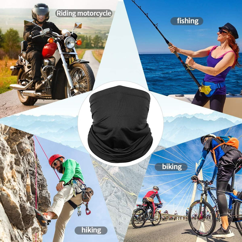 Neck gaiter shown worn for cycling, fishing and hiking