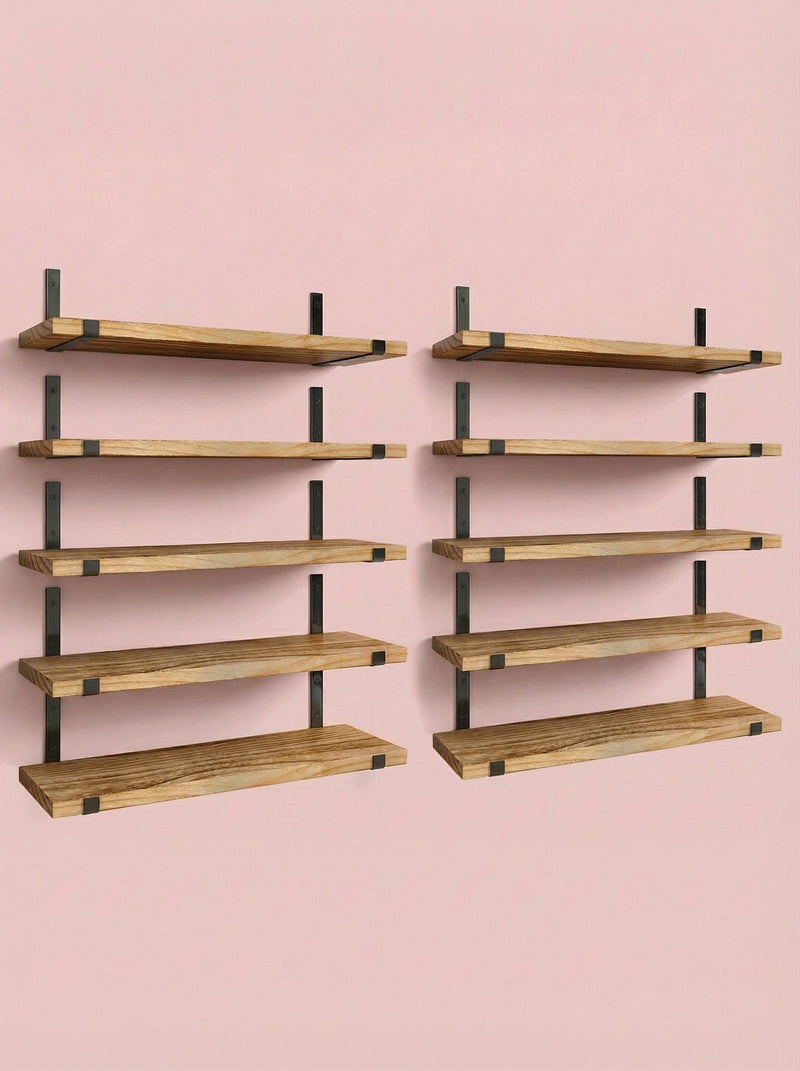 Rustic Wood Floating Wall Shelves with Metal Brackets