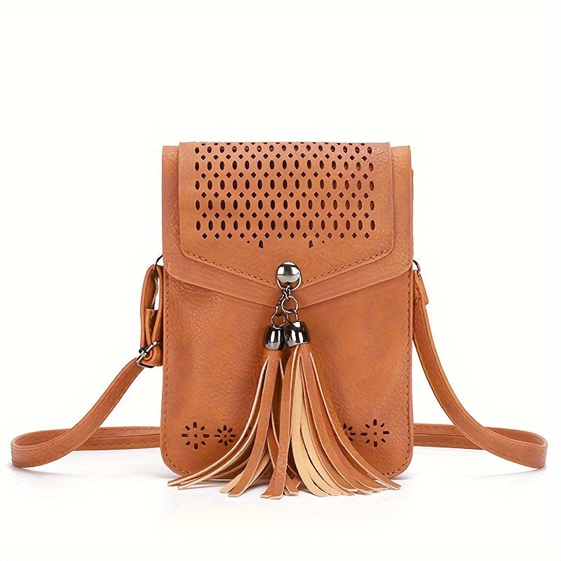Brown mini crossbody phone bag with tassels and perforated flap