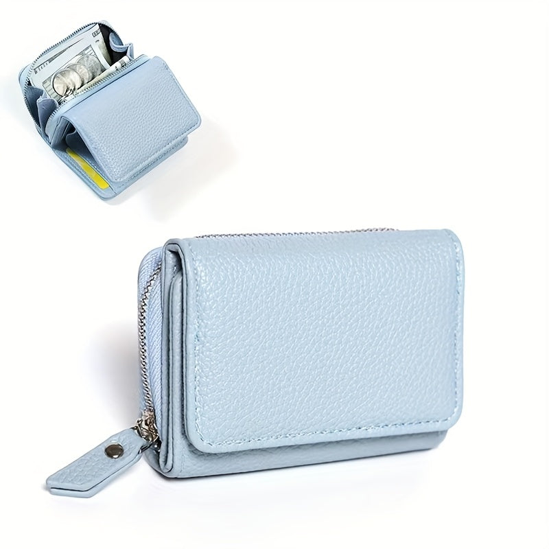 Sky blue pebbled leather trifold wallet with zip coin pocket