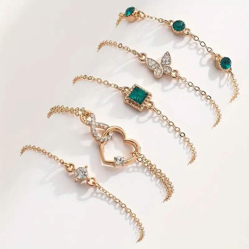 5-Pieces: Love Full Throw Diamond Shining Infinite Symbol Geometry Green Rhinestone Bracelet Set Bracelets - DailySale