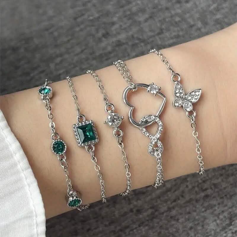 5-Pieces: Love Full Throw Diamond Shining Infinite Symbol Geometry Green Rhinestone Bracelet Set Bracelets Silver - DailySale