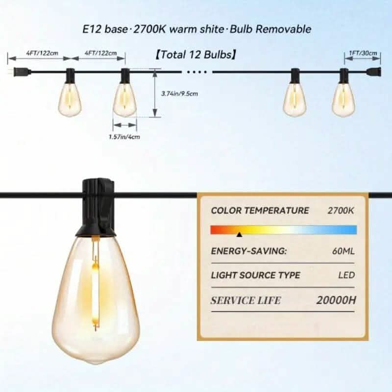 50 Ft. Solar String Outdoor Lights with Remote ST38 Vintage Edison Bulbs Outdoor Lighting - DailySale