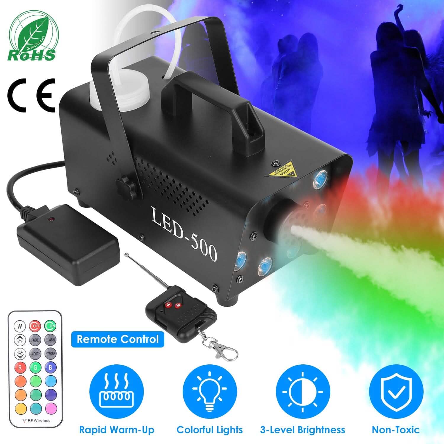 500W Fog Machine 2000CFM Colorful Smoke Machine with 8-Pieces LEDs 5 Lighting Effects 3-Level Brightness Holiday Decor & Apparel - DailySale
