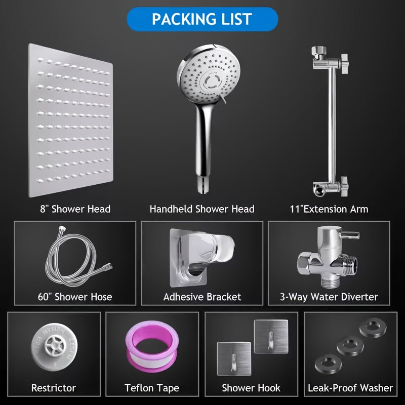 Packing list: shower head, handheld, extension arm, hose, bracket, diverter, restrictor, tape, hook and washer