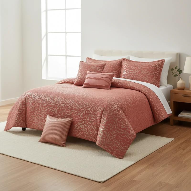 Botanical 5-Piece Comforter Set - Pintuck Bedding with Abstract Wave Design