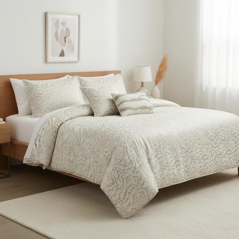 Botanical 5-Piece Comforter Set - Pintuck Bedding with Abstract Wave Design